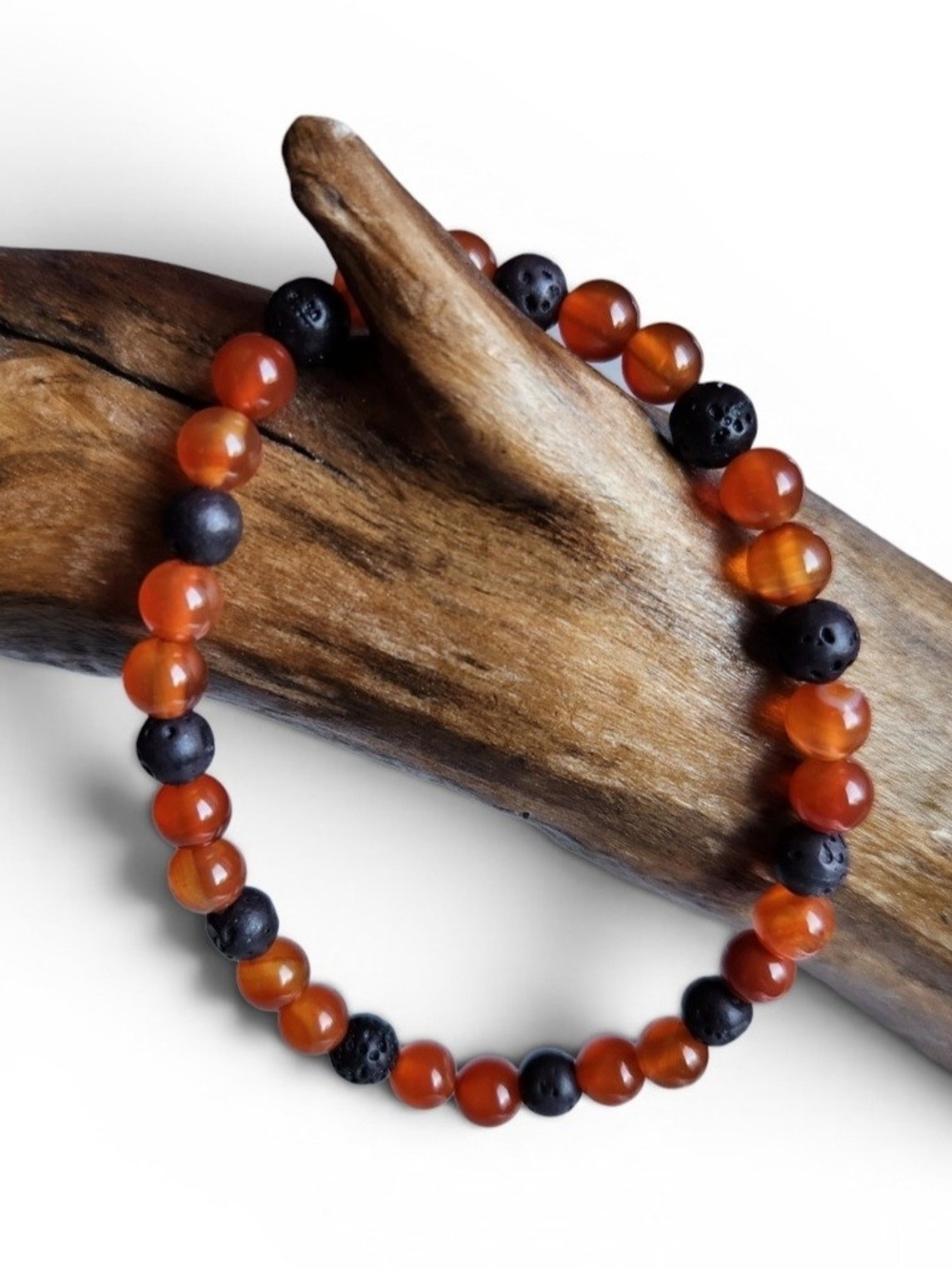 Red Agate And Black Lava Rock Beaded Stretch Bracelet